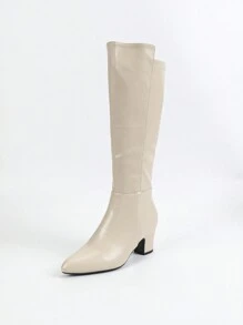 秋冬女士时尚粗跟尖头性感派对黑色踝靴、及膝靴 - 米色 - 查看 7