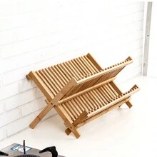 1pc Bamboo 2-Tier Dish Drying Rack, Collapsible Kitchen Utensil Storage Holder