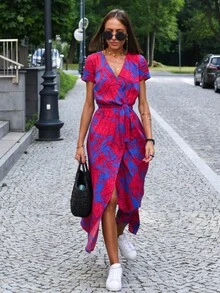 Vestido largo estampado con escote en V largos de mujer - Rojo - Ver 6