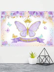 1 件紫色蝴蝶生日横幅，带有“生日快乐”，生日背景布完美装饰生日派对，生日家庭节日派对房间墙壁装饰，家居装饰，户外派对围栏装饰，生日礼物部分回礼，蝴蝶装饰，女士生日装饰 - 彩色 - 查看 5