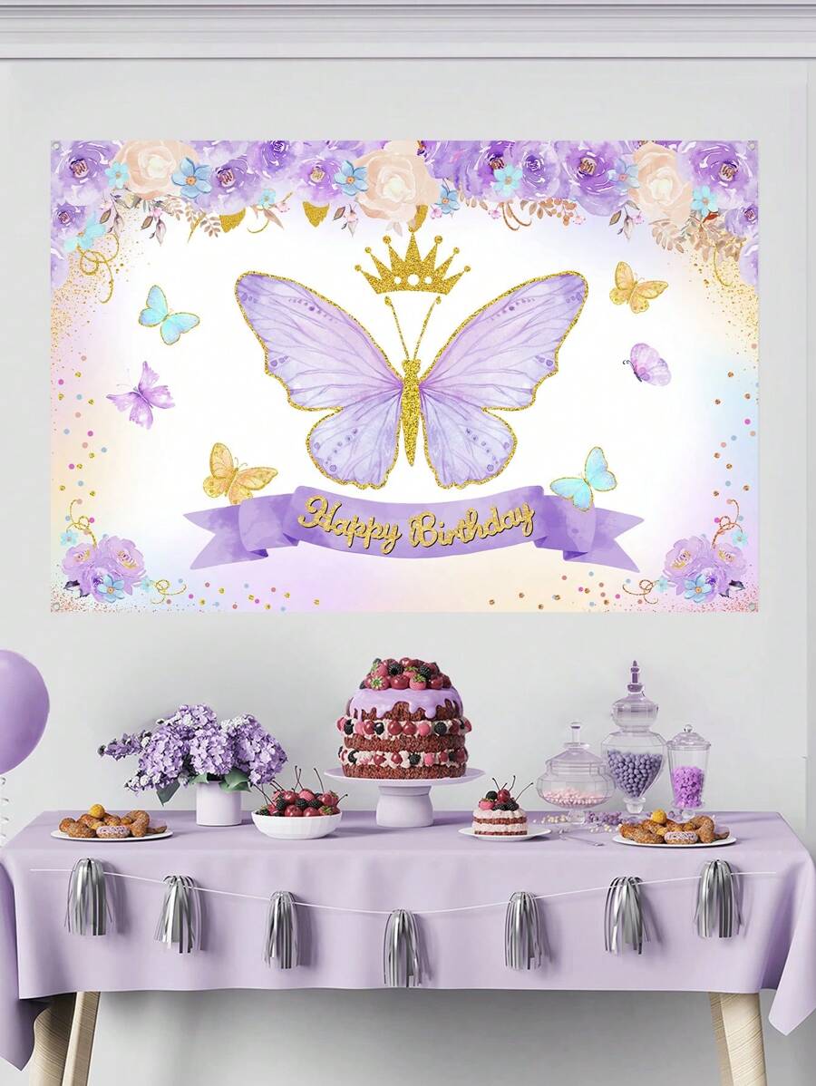 1 件紫色蝴蝶生日横幅，带有“生日快乐”，生日背景布完美装饰生日派对，生日家庭节日派对房间墙壁装饰，家居装饰，户外派对围栏装饰，生日礼物部分回礼，蝴蝶装饰，女士生日装饰 - 彩色 - 查看 1