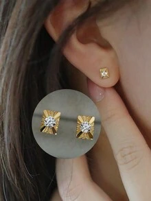 1 Pair Of Versatile And Simple S925 Sterling Silver Engraved Small Square Earrings For Women's Daily Wear - Gold - View 2