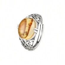 1pc 10*12mm Natural Amber Ring S925 Sterling Silver Vintage Gorgerous Gems Aquamarine/Amethyst Men Women's Ring Mother's Day Gift Jewelry Accessories