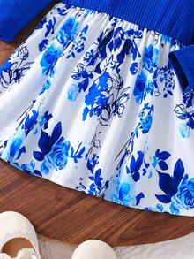 女婴长袖圆领蝴蝶结玫瑰印花休闲连衣裙，春秋季 - 藍色 - 查看 6