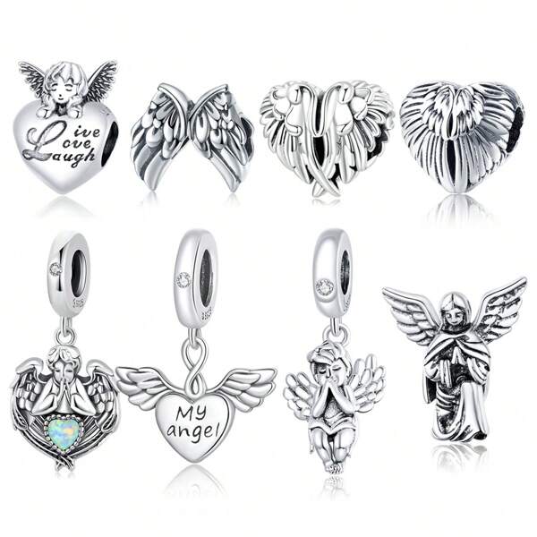 bamoer 1 PC 925 Sterling Silver Angel God Charms Wings Beads Heart Cupid Belief Pendant Fit Women Bracelet Necklace DIY Fine Jewelry