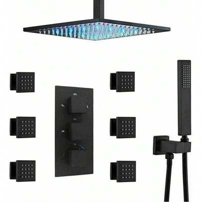 Thermostatic 12 In LED Full Body Shower System With 6x Massage Jets Ceiling Mounted