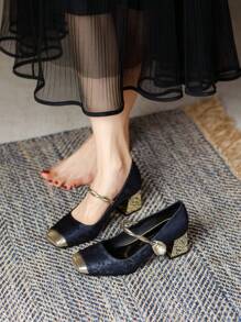 Women Embroidered Square Toe Mid-Heel Slip On Loafers - Navy Blue - View 4