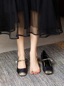 Women Embroidered Square Toe Mid-Heel Slip On Loafers - Navy Blue - View 3