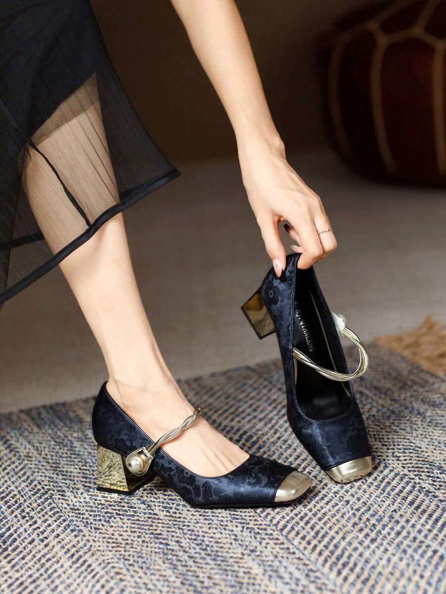 Women Embroidered Square Toe Mid-Heel Slip On Loafers - Navy Blue - View 1