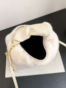 Bolso de mano minimalista de metal y peluche, casual para uso diario - Blanco - Ver 3