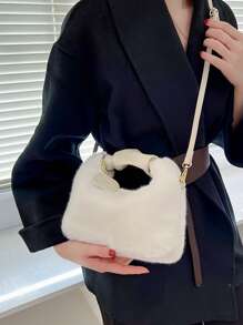 Bolso de mano minimalista de metal y peluche, casual para uso diario - Blanco - Ver 4