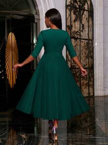 Faeriesty Elegant Surplice Neck Belted Cocktail Dress Midi Dress Party Dress Wedding Guest Dress Formal Dress Evening Dress,Gown - Dark Green - View 3