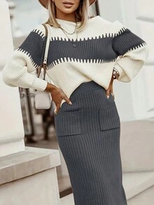 2 sztuki kolorowego bloku, sweter z okrągłym dekoltem i długim rękawem oraz jednokolorowa dzianinowa spódnica, elegancki zestaw swetrów