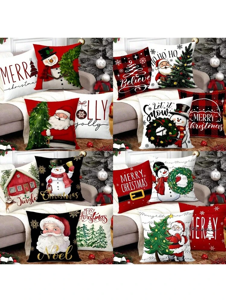 Set Di 4 Federe Natalizie Rosa 45x45 Cm - Decorazioni Invernali Con Pupazzo Di Neve, Babbo Natale E Ghirlande - Tessuto Felpato Morbido, Stampa Su Entrambi I Lati, Cerniera Invisibile