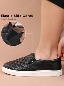 Women Slip On Sneakers Casual Walking Shoes, Quilted PU Leather Low Top Shoes With Cushioned Insole, Everyday MinimalistMuse Style - 黑色 - 查看 4