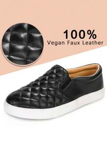 Women Slip On Sneakers Casual Walking Shoes, Quilted PU Leather Low Top Shoes With Cushioned Insole, Everyday MinimalistMuse Style - 黑色 - 查看 2