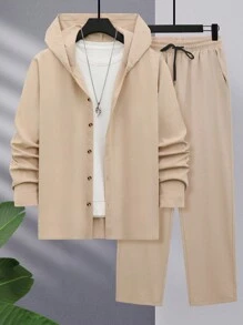 2 Teile Herren Set aus Leinenfühl-Lässig-Kapuzen-Langarmhemd und Kordelzug-Lang-Hose, Herbst - Aprikosenfarben - Übersicht 1
