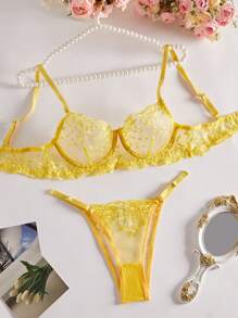 2pcs Women Sexy Lingerie Set, Yellow Mesh Floral Embroidered Sheer Bra And Panty, Intimate Apparel For Valentine's Day, Nightclub, Rave - Yellow - View 1