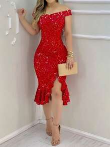 Vestido de fiesta elegante con hombros descubiertos, decorado con perlas, de unicolor, con abertura alta y volantes en el bajo, brillante, para mujer. Vestido de cóctel, semioficial y de graduación, para fiesta, boda, cena y regreso a casa - Burdeos - Ver 2
