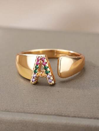 1 PC Rainbow Zirconia Letter Rings For Women Fashion Chunky Wide Letter A-Z Stainless Steel Ring Wedding Boho Jewelry Gift 2024