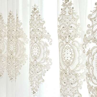1pc French Luxury Imported Embroidered European High-End Lace Pearl Embroidered Sheer Curtain For Bedroom, Living Room, Balcony
