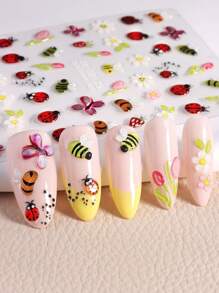 情人节 5D 可爱蜜蜂花卉指甲贴纸，卡通瓢虫蝴蝶草莓指甲滑块优雅雏菊郁金香花卉 DIY 指甲贴花指甲装饰 2 张