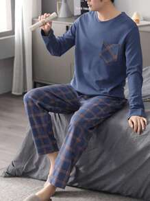 2pcs/Set Men's Sleepwear Pajama Set, Round Neck Long Sleeve Top & Pants, Breathable And Moisture-Wicking, For Spring And Autumn, Fall Winter Clothes