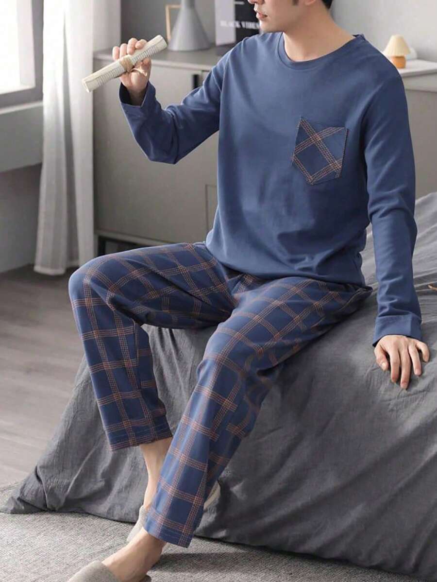 2pcs/Set Men's Sleepwear Pajama Set, Round Neck Long Sleeve Top & Pants, Breathable And Moisture-Wicking, For Spring And Autumn, Fall Winter Clothes