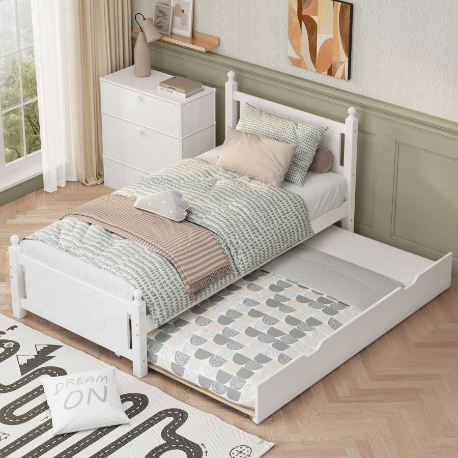 Twin Size Solid Wood Platform Bed Frame With Trundle For Limited Space