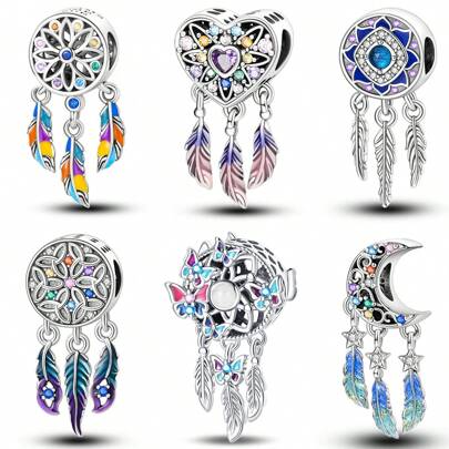 1 件银色梦幻彩色锆石波西米亚风格心形月亮蝴蝶捕梦网捕梦网幸运守护珠饰适合原创手链项链吊坠钥匙扣珠子适用于 DIY 珠宝制作女士珠宝生日礼物送给女孩