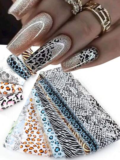 10 PCS Nail Foils Animal Print Nail Art Transfer Foil Stickers Brown Pink Leopard Zebra Snake Print Nail Decals Starry Sky Paper Autumn Winter Design For Nail Art DIY Decoration Nails Nail Supplies