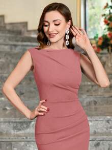 MIUSOL Pleated Zipper Back Slit Hem Bodycon Dress, Casual Elegant Party Formal Gown