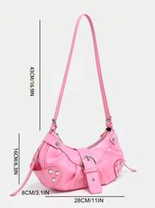 女士轻便便携式复古斜挎包：朋克和哥特式 Y2K 风格素食皮革摩托车钱包，配有铆钉、金属链和可调节肩带 - 适合青少年、大学女生、街头时尚、音乐会、音乐节和前卫服装的配饰。 - 粉色 - 查看 6