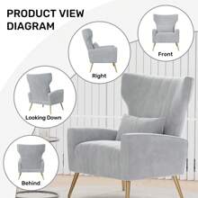 Nalupatio Modern Velvet Accent Chair, High Back Armchair With Lumbar Support & Gold Metal Legs, Comfy Upholstered Lounge Reading Chair For Living Room, Bedroom, Home Office - Light Grey - View 7
