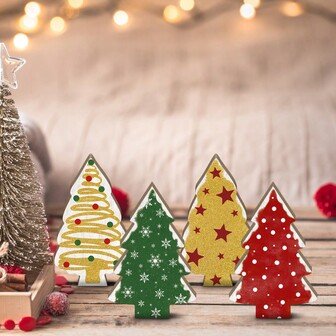 Putuo Decor 4件套圣诞树造型木质桌面摆件，适用于家居、农舍、办公室、咖啡馆、咖啡店、壁炉旁、客厅等场所，圣诞礼物