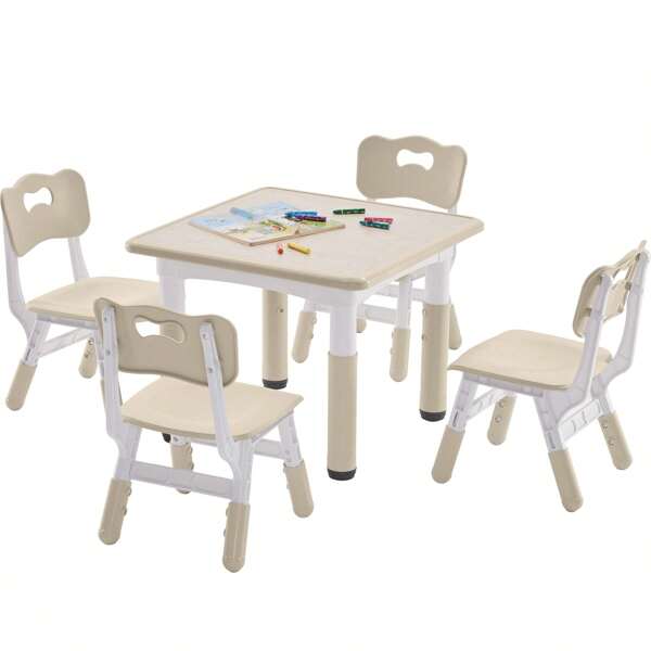Kids Table And 4 Chairs Set, Height-Adjustable Toddler Table And Chair Set With Graffiti Desktop, 23.6''L X 23.6''W Children Activity Table For Daycare, Classroom, Home