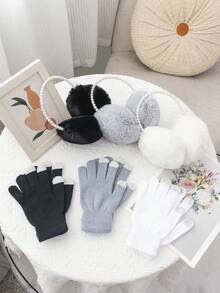 1set Women's Pearl Ear Muffs + Knitted Gloves Warm Winter Set - Multicolor - View 2