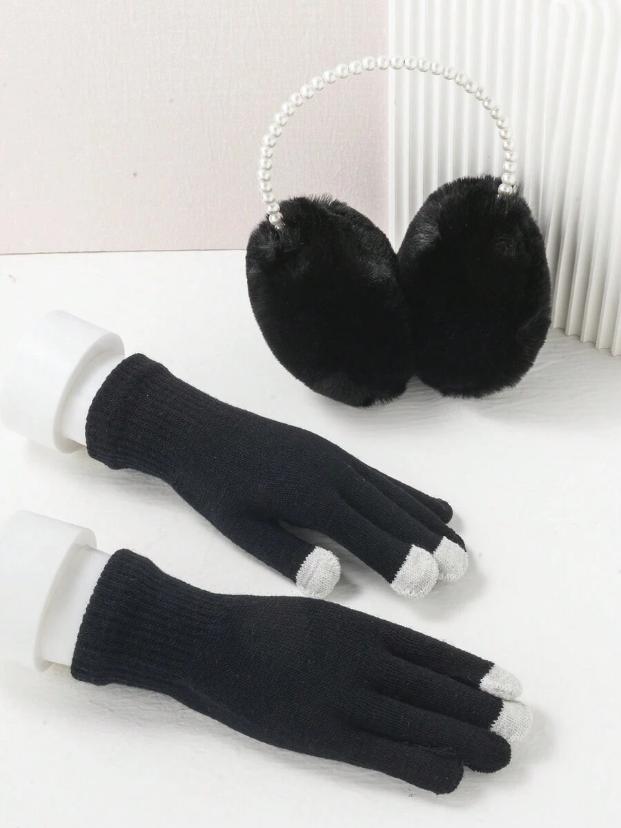 1set Women's Pearl Ear Muffs + Knitted Gloves Warm Winter Set - Multicolor - View 1