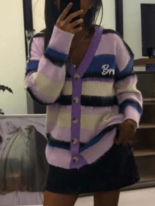 Women's Loose Fit Color Block Striped Button V-Neck Cardigan, Embroidered Letter Long Sleeve Knit Sweater, Warm For Autumn/Winter - Purple - View 3