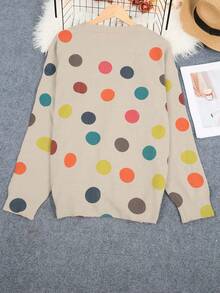 彩色圆点印花设计宽松休闲可爱针织开衫，日式风格 - 卡其色 - 查看 4