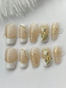 10 片装简约优雅 3D 白色水晶郁金香图案指甲贴花按压式指甲美甲用品指甲