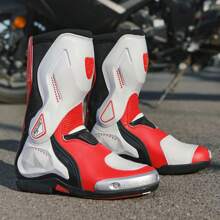 Professional Racetrack Motorcycle Boots, Fashionable Men's Motorcycle Boots With High-Top Super Microfiber Leather, Excellent Grip And Ankle Support, Anti-Slip And Anti-Kick, Suitable For Off-Road Enthusiasts, Racetrack Motorcycle Shoes For Men, Motorcycle Racing Competition Track Boots, Competition Racing Protective Shoes, Traffic Police Riding Boots, Racing Boots, Black Racing Boots, White High-Top Boots, Black High-Top Boots - Red and White - View 3
