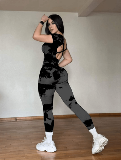 Berry Vibe Women Tie Dye Push Up Sports Jumpsuit With Sleeve And Cross Back Yoga Gym