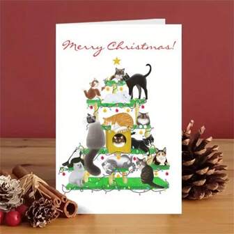 Rolig katt julgran gratulationskort - perfekt present till kattälskare, vänner och familj - festlig juldekoration, jul
