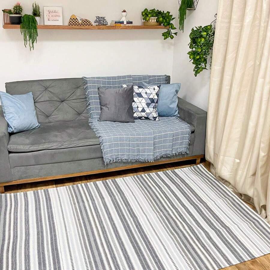 Non-Slip 100% Cotton Living Room Rug 100X132 - Arezzo Gray - 彩色 - 查看 1