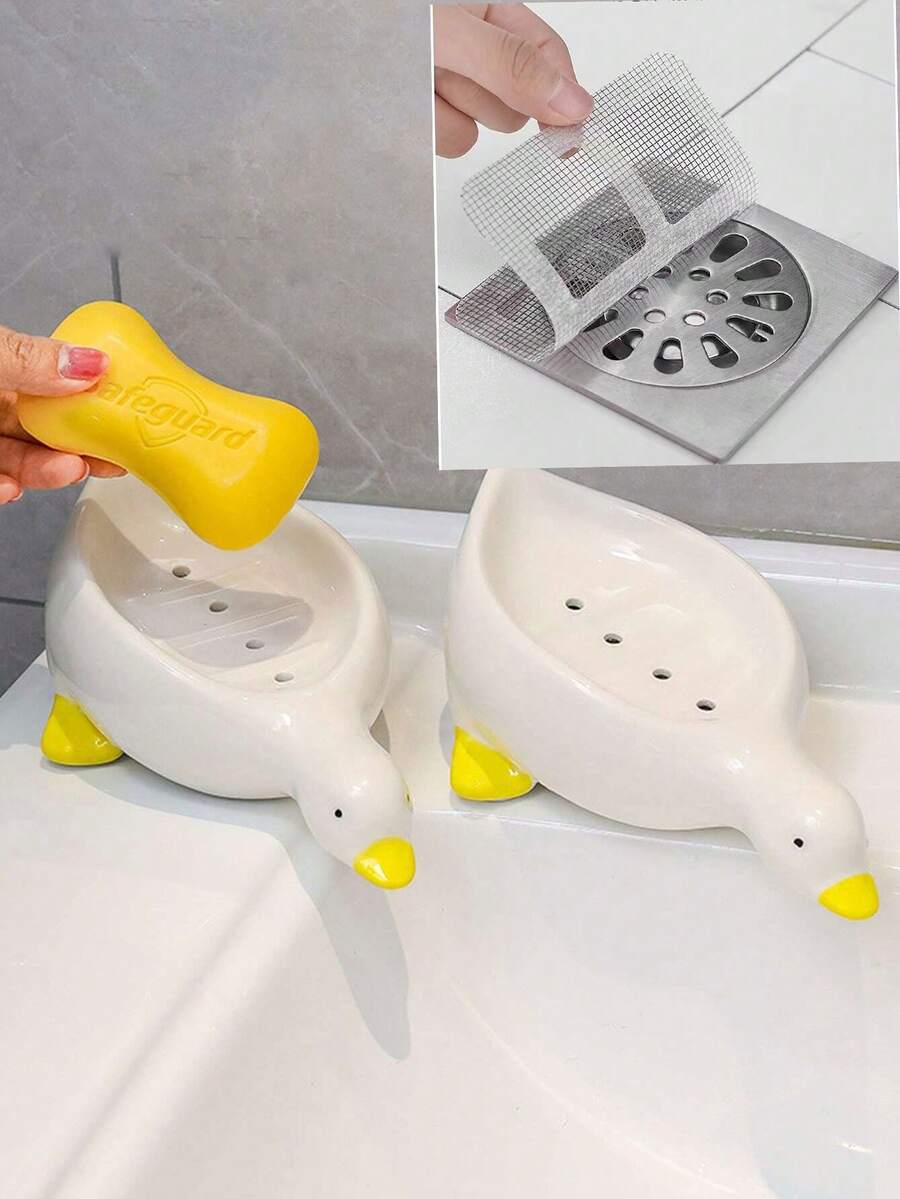 1pc Cute Duck Shaped Soap Dish With Drainage Hole, Plastic Oval