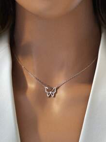 1pc Fashionable Cubic Zirconia Decor Butterfly Charm Silver Necklace For Women For Gift - Silver - View 2