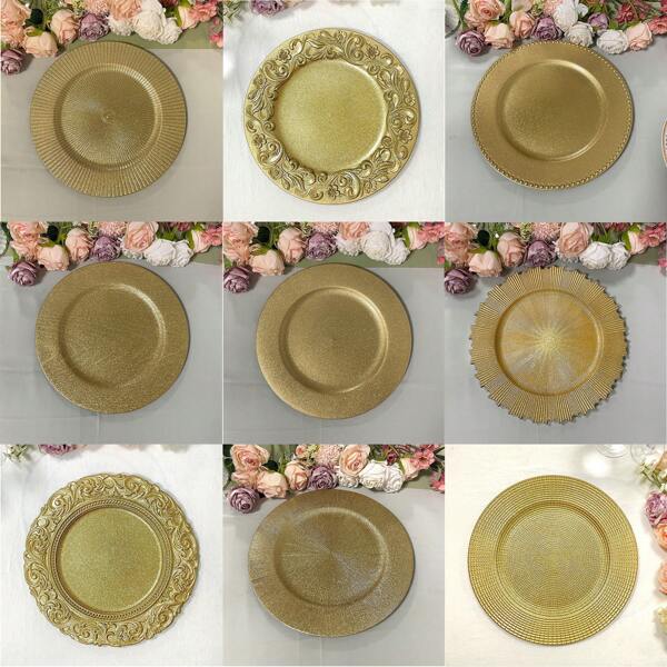 13inch,Set Of 6pcs, Gold Charger Plates,Various Styles,Light Luxury,Glittery, New Painting Process, High Quality Plastic,Lightweight And Unbreakable, Suitable For Wedding, Party, Event,Festivity, Dinner, Table Decoration Christmas Gift