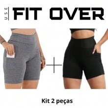 Kit 2 Women's Fitness Shorts With Pocket - Bermuda Shorts - Mid-Thigh - High Waist - Running - Suplex - Gym - Cross Fit - Fit Over - Zero Transparency