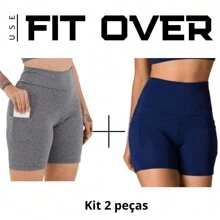 Kit 2 Women's Fitness Shorts With Pocket - Bermuda Shorts - Mid-Thigh - High Waist - Running - Suplex - Gym - Cross Fit - Fit Over - Zero Transparency